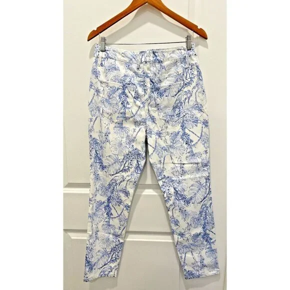 ELIE TAHARI Skinny Ankle Womens Pants White Blue Tropical Floral Bird Havana 10 - Picture 2 of 11